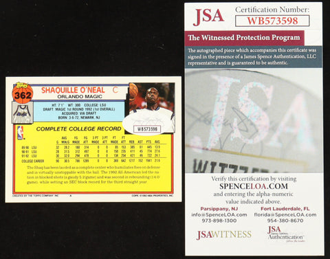 Shaquille O’neal Topps Auto RC Rookie 1993-93 Signed JSA certificate of