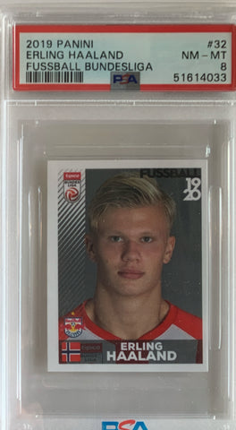 2019 panini fussball bundesliga #32 Erling Haaland Rookie sticker PSA 8