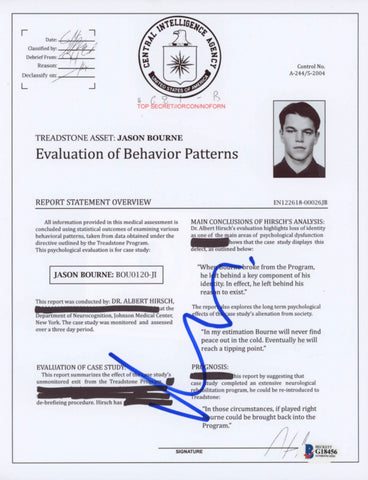 Matt Damon Signed "The Bourne Supremacy" CIA Report 8x10 Photo